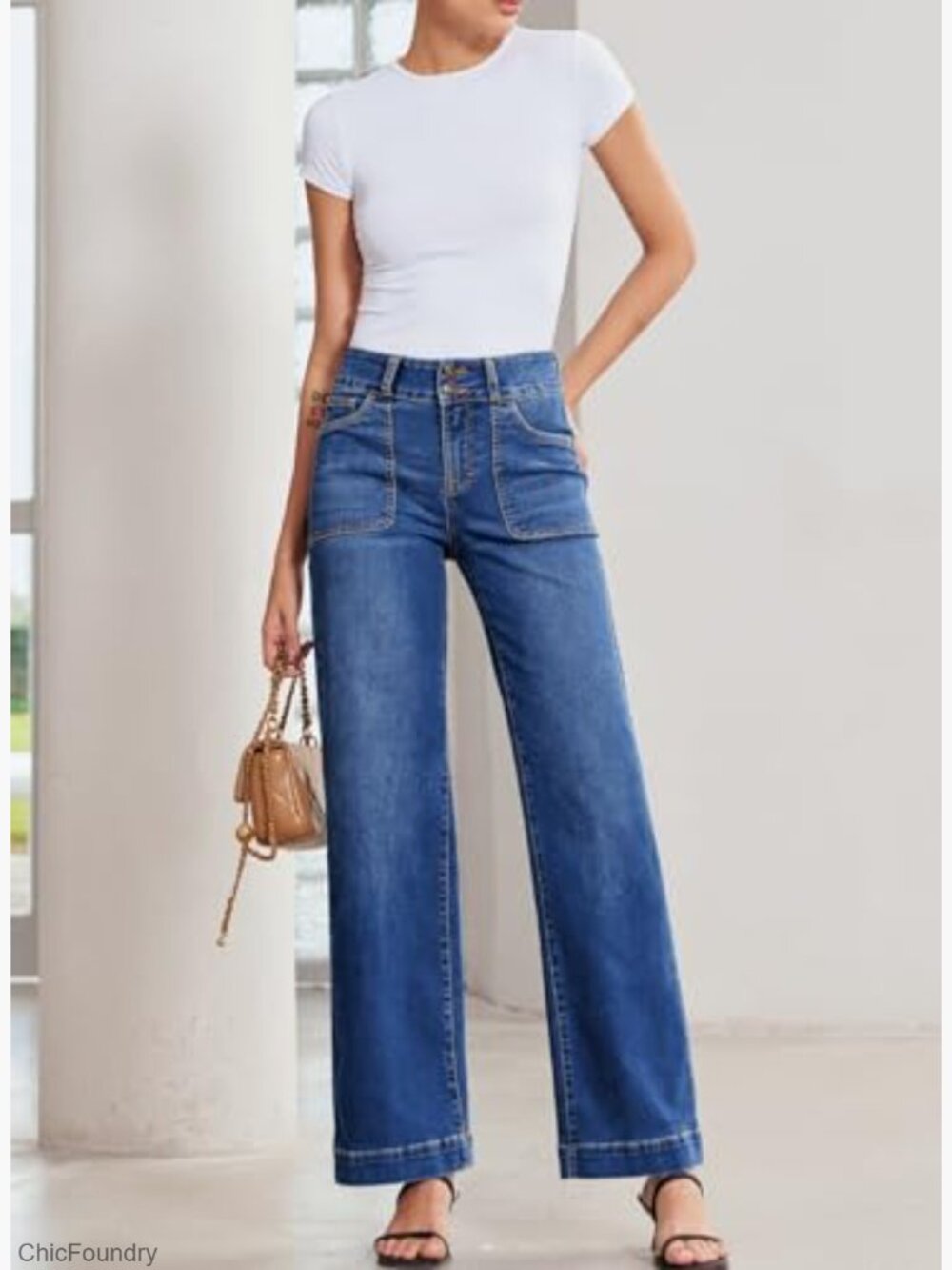 High Waisted Wide Leg Stretchy Tummy Control Straight Denim Pants - Picture 5 of 7